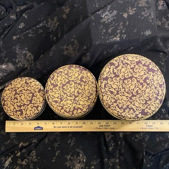 Nesting Tin Set of 3 maroon gold Paisley Filigree Art Deco Storage Organization - Picture 10 of 10